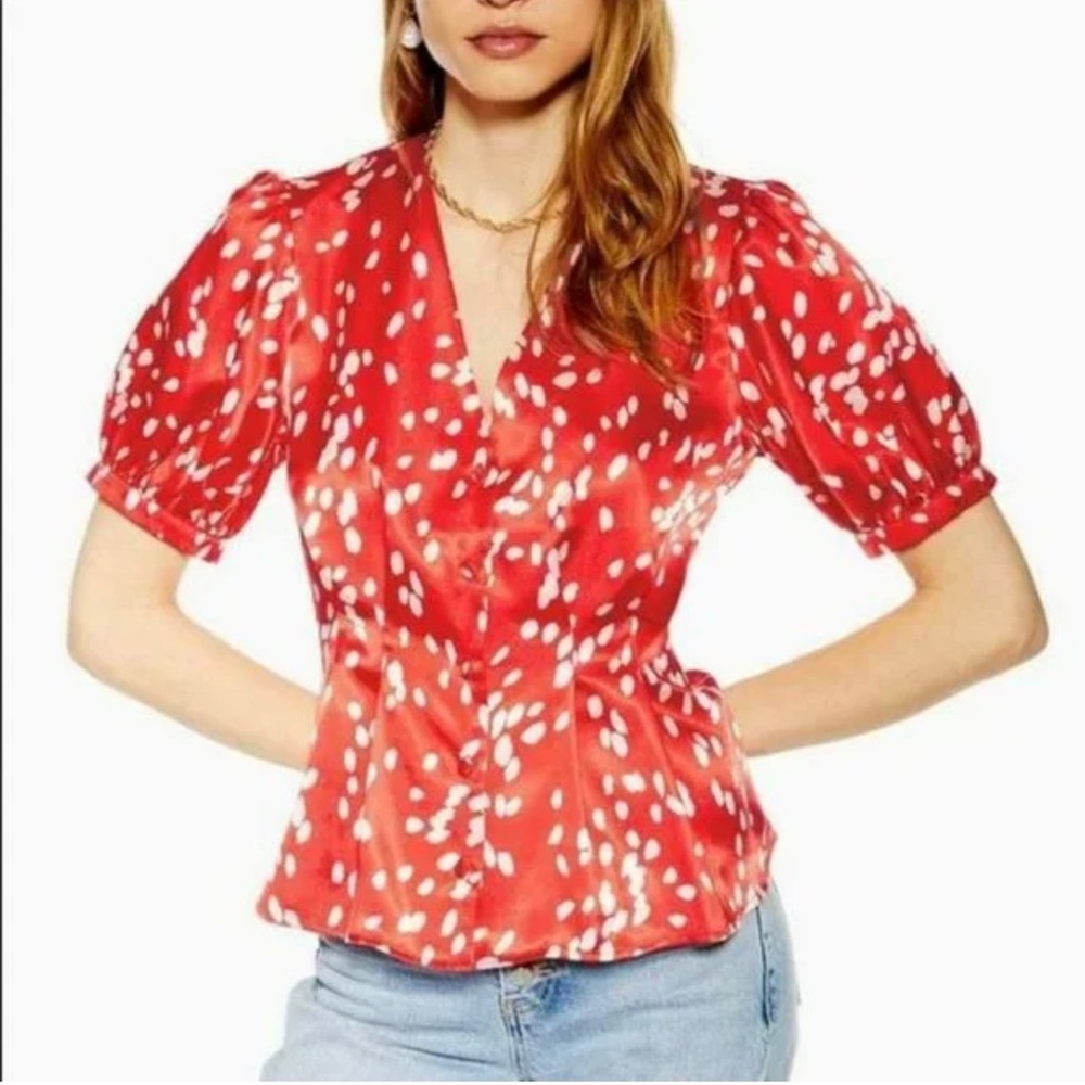 TopShop red white Dalmatian dotted satin‎ peplum balloon sleeve blouse